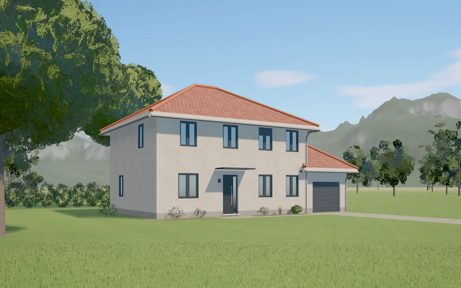 Façade, vue de trois quarts du modèle Obiou (illustration)