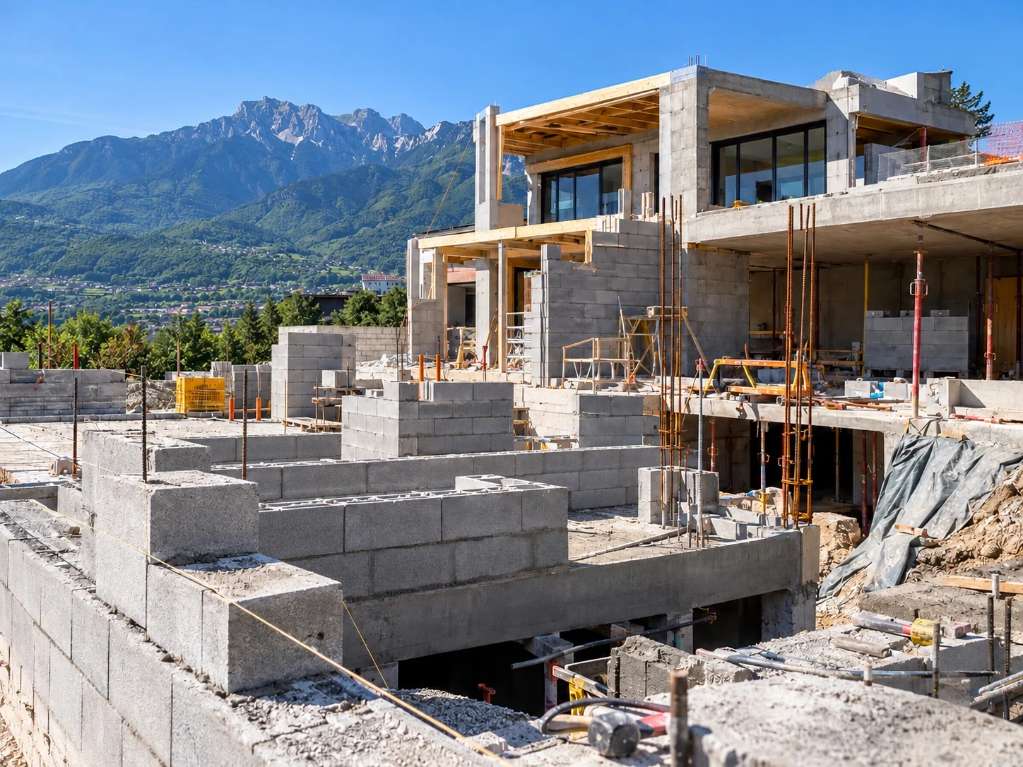 Maison en construction, murs en blocs béton, face aux montagnes (illustration)