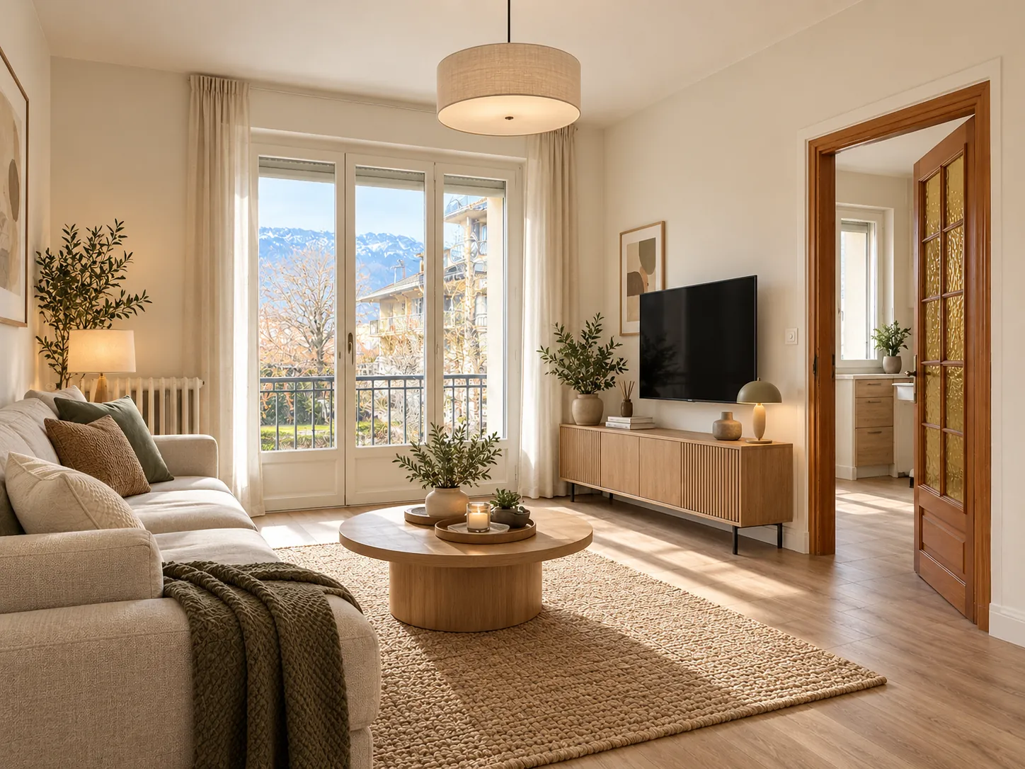 Salon rénové lumineux avec porte-fenêtre (illustration)