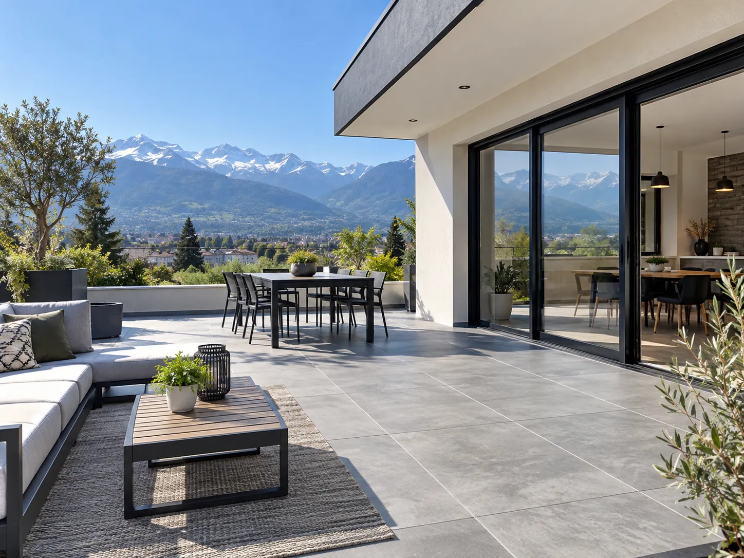 Terrasse carrelée avec vue sur les Alpes (illustration)
