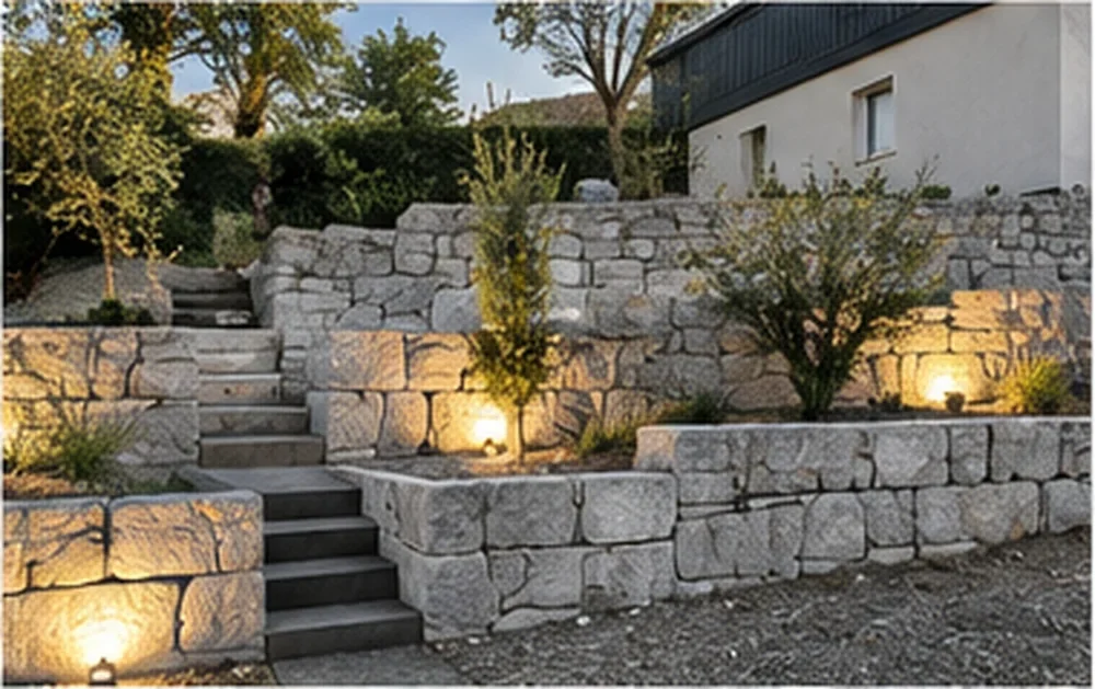 Murets et escalier en pierre avec éclairage de jardin (illustration)