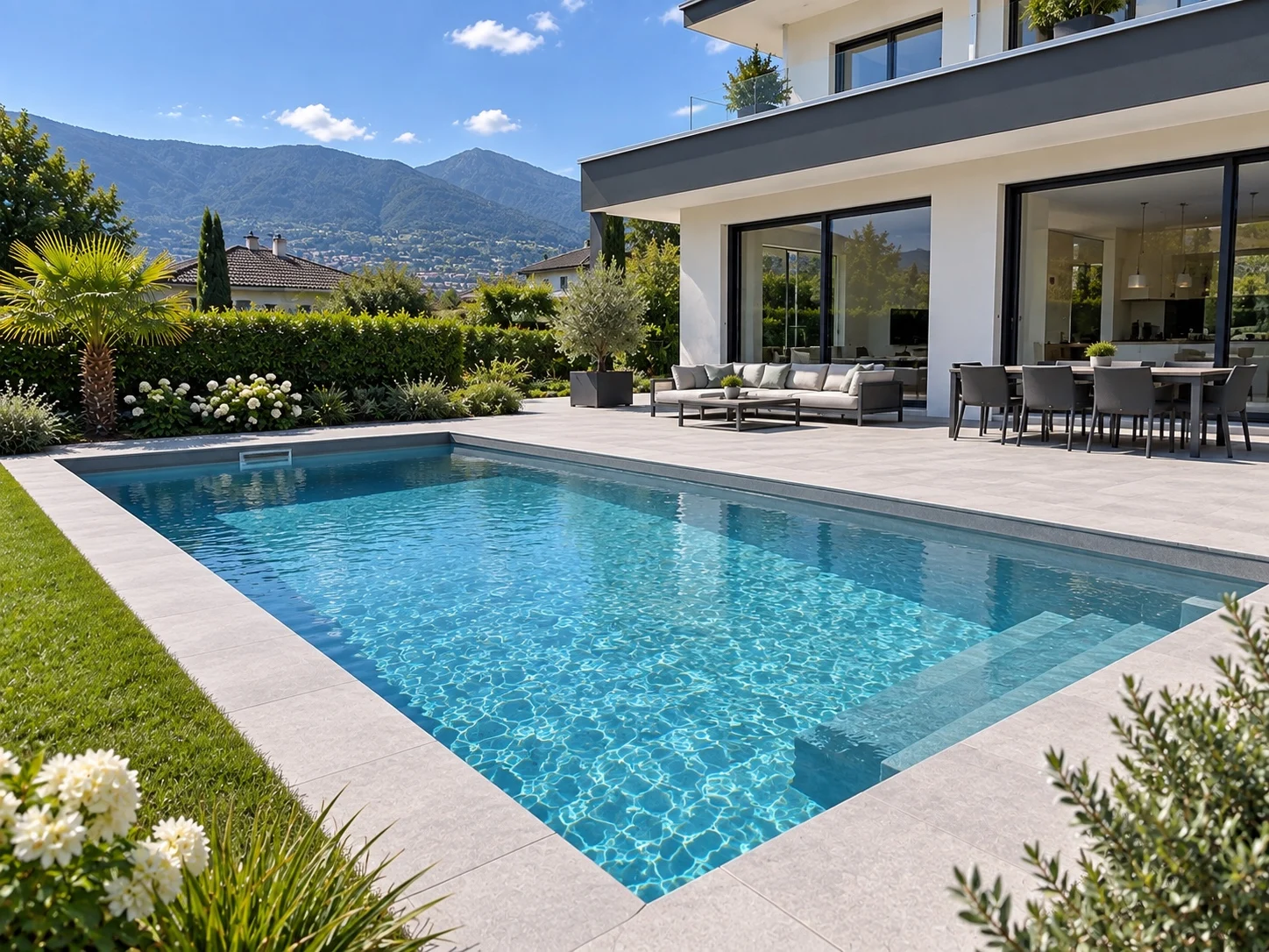 Piscine terminée avec plage en dalles devant une maison (illustration)