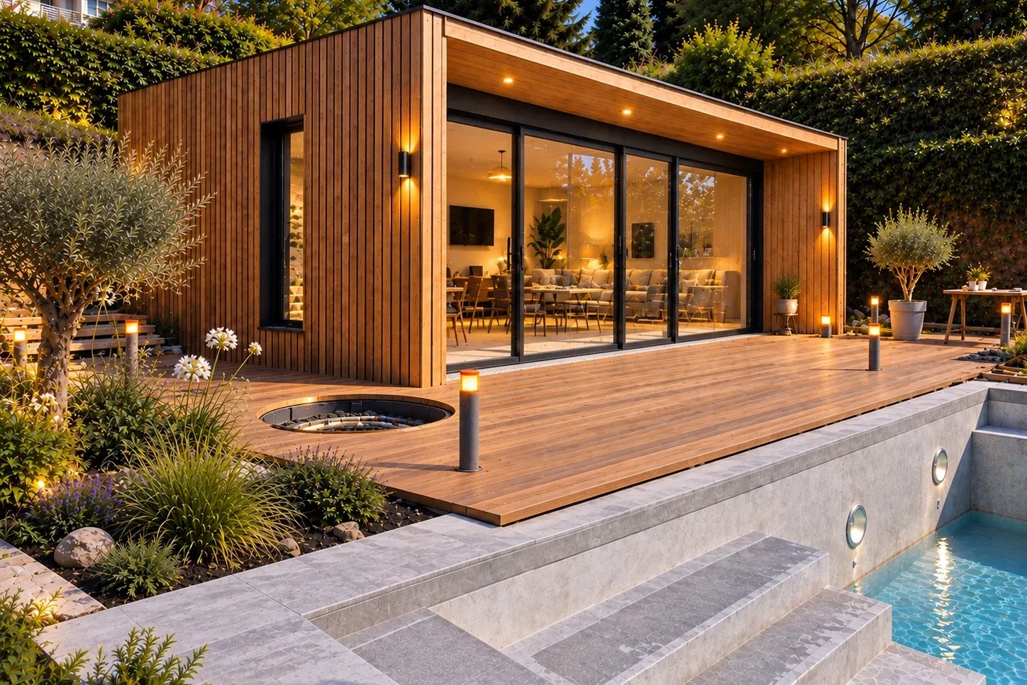 Extension en bois terminée avec terrasse et piscine (illustration)