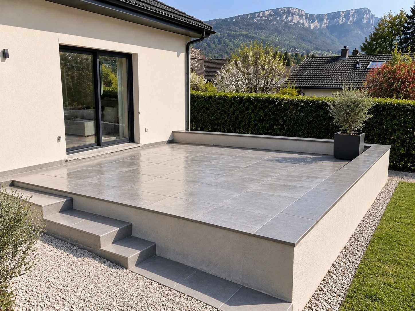 Terrasse béton terminée avec marches, devant une maison (illustration)